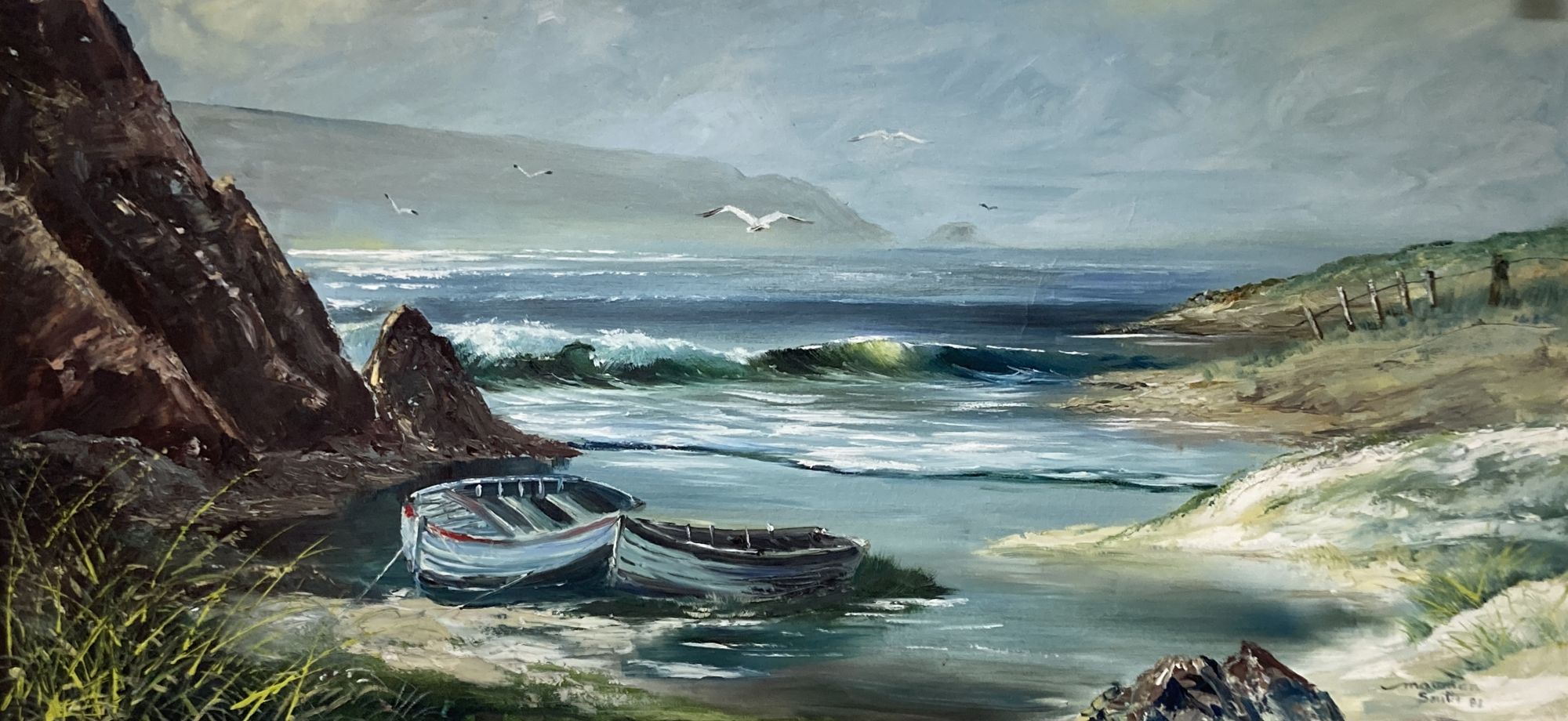 Mawnan Smith, oil on canvas, Coastal scene with fishing boats, signed and dated 82, 60 x 121cm